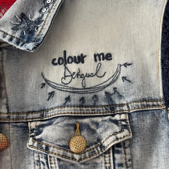 Desigual Light-Wash Denim Jacket with Navy & White Striped Knit Sleeves - Picture 2 of 10